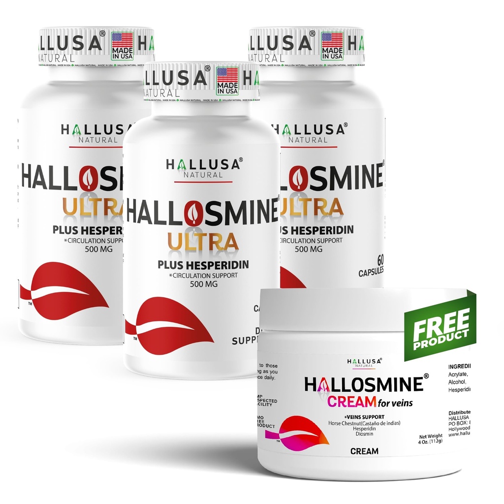 Hallosmine Ultra 650mg Diosmin Hesperidin, 180 Capsules + FREE Leg Cream with Diosmin, Hesperidin & Horse Chestnut, 4 oz | Blood Circulation & Vein Support Supplement, GMO Free, Gluten Free