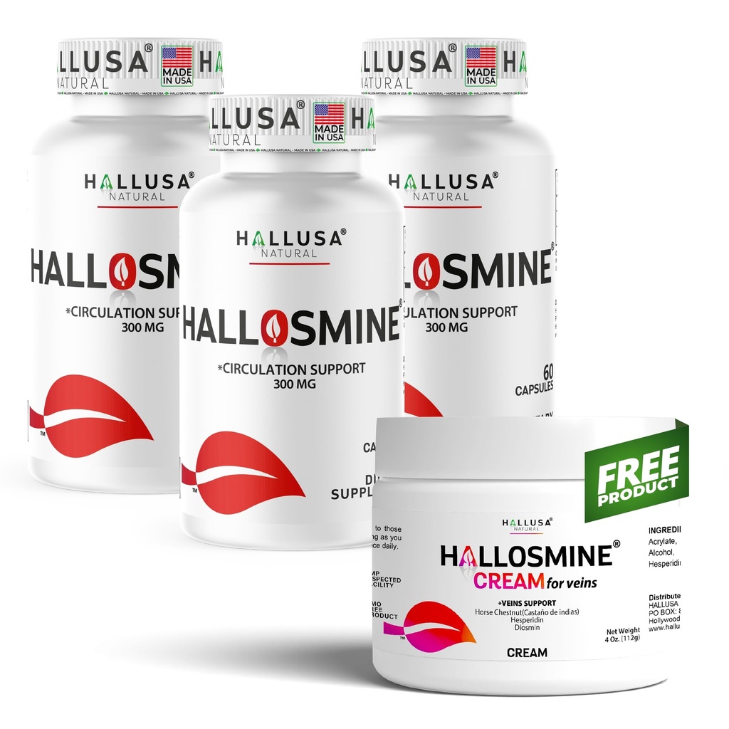 Hallusa Natural Hallosmine 300mg Diosmin, 180 Capsules + Free Leg Cream with Diosmin, Hesperidin & Horse Chestnut, 4 oz | Blood Circulation & Vein Support Supplement, GMO Free, Gluten Free