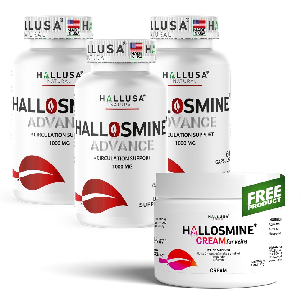 Hallusa Natural Hallosmine Advance 1000mg Diosmin, 180 Capsules + Free Leg Cream with Diosmin, Hesperidin & Horse Chestnut, 4 oz | Blood Circulation & Vein Support Supplement, GMO Free, Gluten Free