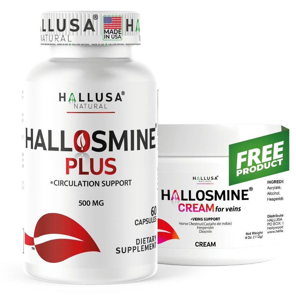 Hallusa Natural Hallosmine Plus 500mg Diosmin, 60 Capsules + Free Leg Cream with Diosmin, Hesperidin & Horse Chestnut, 4 oz | Blood Circulation & Vein Support Supplement, GMO Free, Gluten Free
