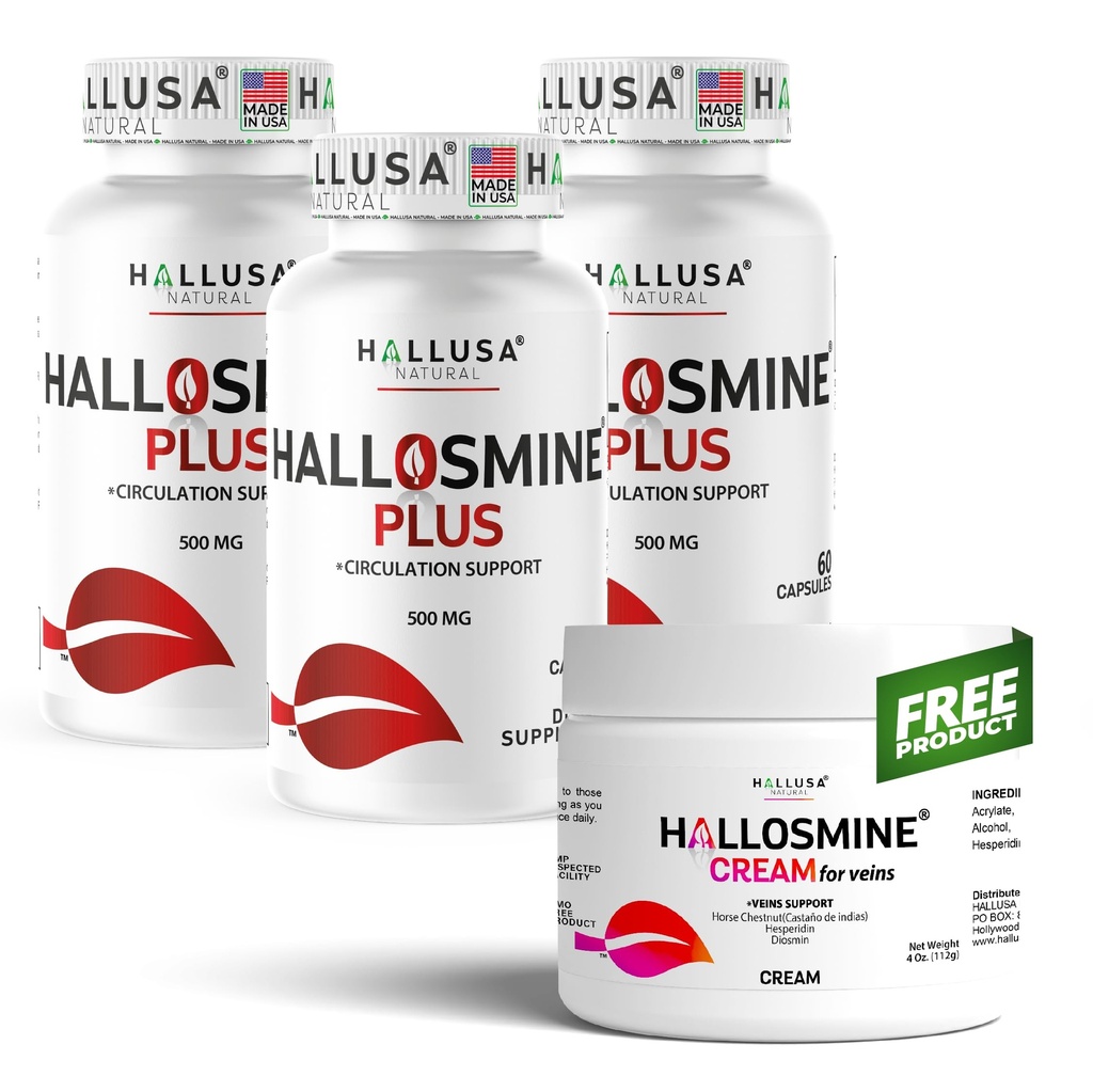 Hallusa Natural Hallosmine Plus 500mg Diosmin, 180 Capsules + Free Leg Cream with Diosmin, Hesperidin & Horse Chestnut, 4 oz | Blood Circulation & Vein Support Supplement, GMO Free, Gluten Free