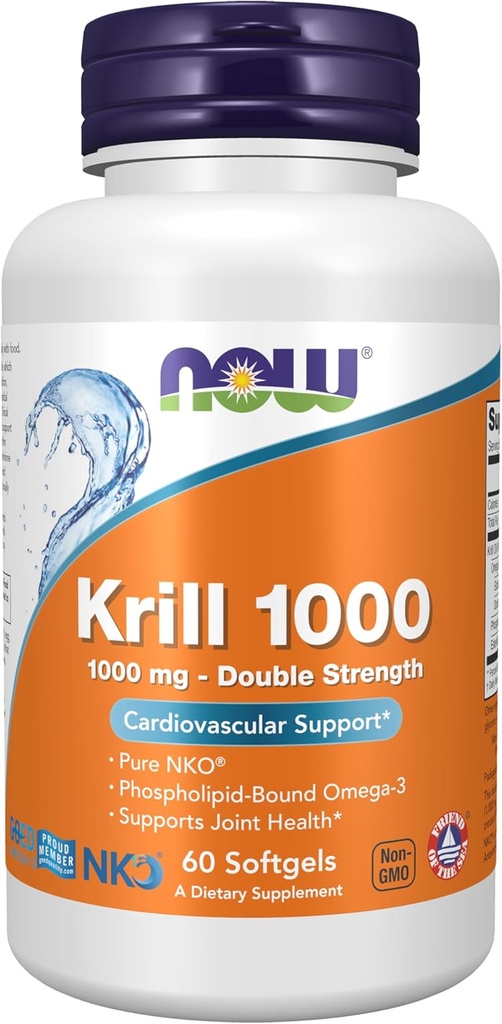NOW Foods Supplements, Neptune Krill, Double Strength 1000 mg, Phospholipid-Bound Omega-3, 60 Softgels
