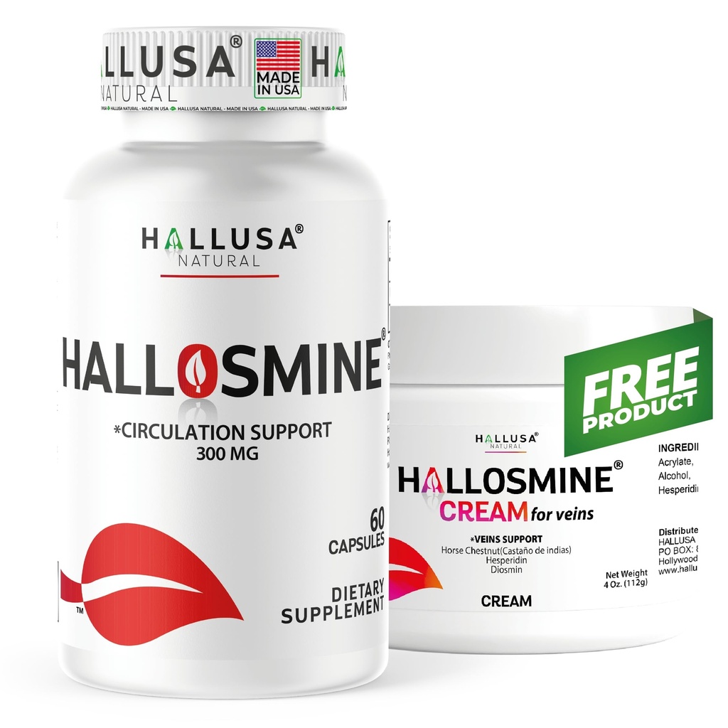 Hallusa Natural Hallosmine 300mg Diosmin, 60 Capsules + Free Leg Cream with Diosmin, Hesperidin & Horse Chestnut, 4 oz | Blood Circulation & Vein Support Supplement, GMO Free, Gluten Free