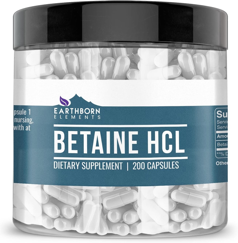 Earthborn Elements Betaine HCL, 200 Κάψουλες, Lab-Δοκιμές, Χωρίς Φίλτρο ή Πρόσθετα