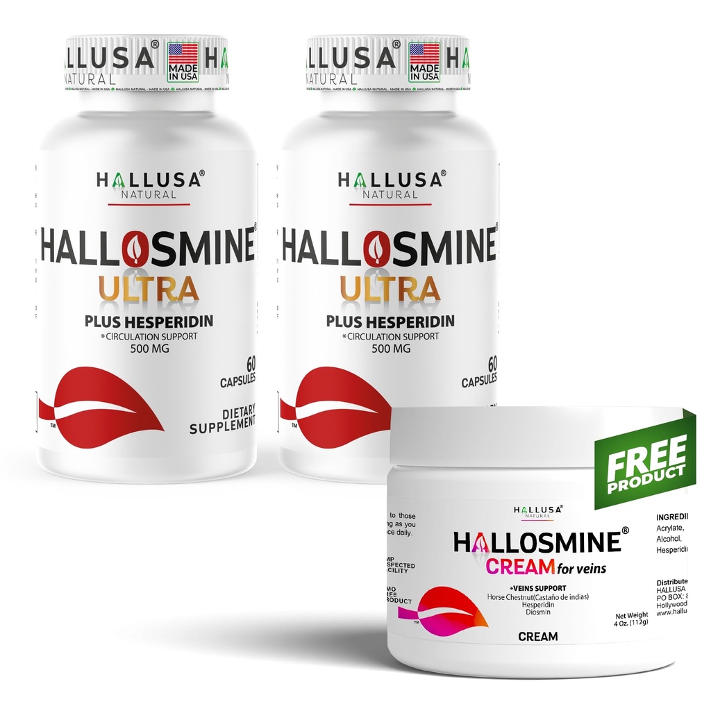 Hallosmine Ultra 650mg Diosmin Hesperidin, 120 Capsules + FREE Leg Cream with Diosmin, Hesperidin & Horse Chestnut, 4 oz | Blood Circulation & Vein Support Supplement, GMO Free, Gluten Free