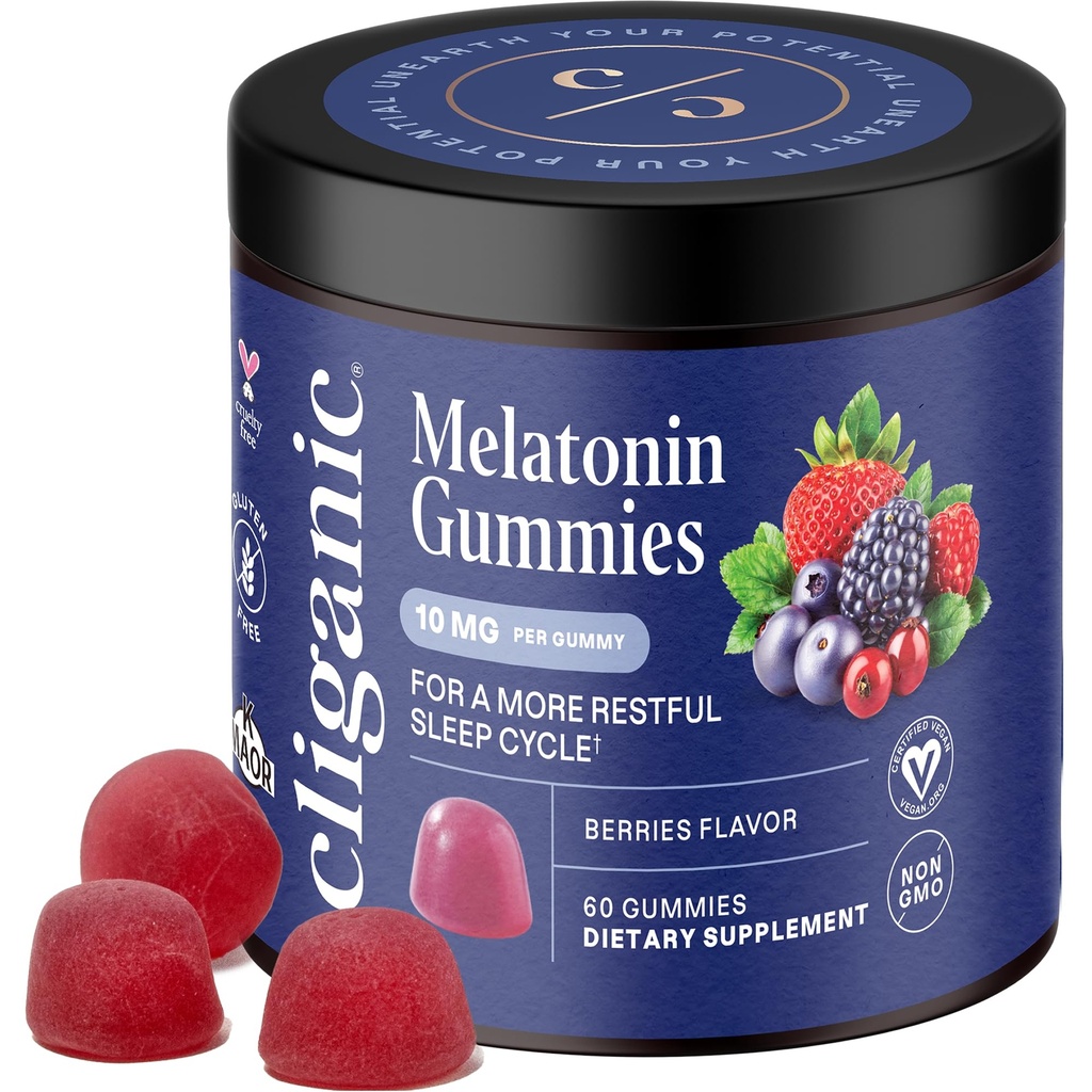 Cliganic Melatonin Gummies (10 mg, 60-Day Supply) - Adult Sleep Aid, Berry Flavor, Vegan, Non-GMO, Kosher, Gluten-Free Supplement, Helps Regulate Circadian Rhythm & Promotes Peaceful Nights
