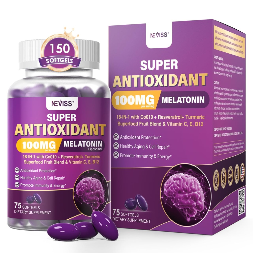 Melatonin 100mg for Antioxidant & Cognitive Health, Ultra High Dose Melatonin with CoQ10, Turmeric, Trans-Resveratrol, Vitamin B12 C E for Brain Anti-Aging, Cellular Repair and Energy, 150 Softgels