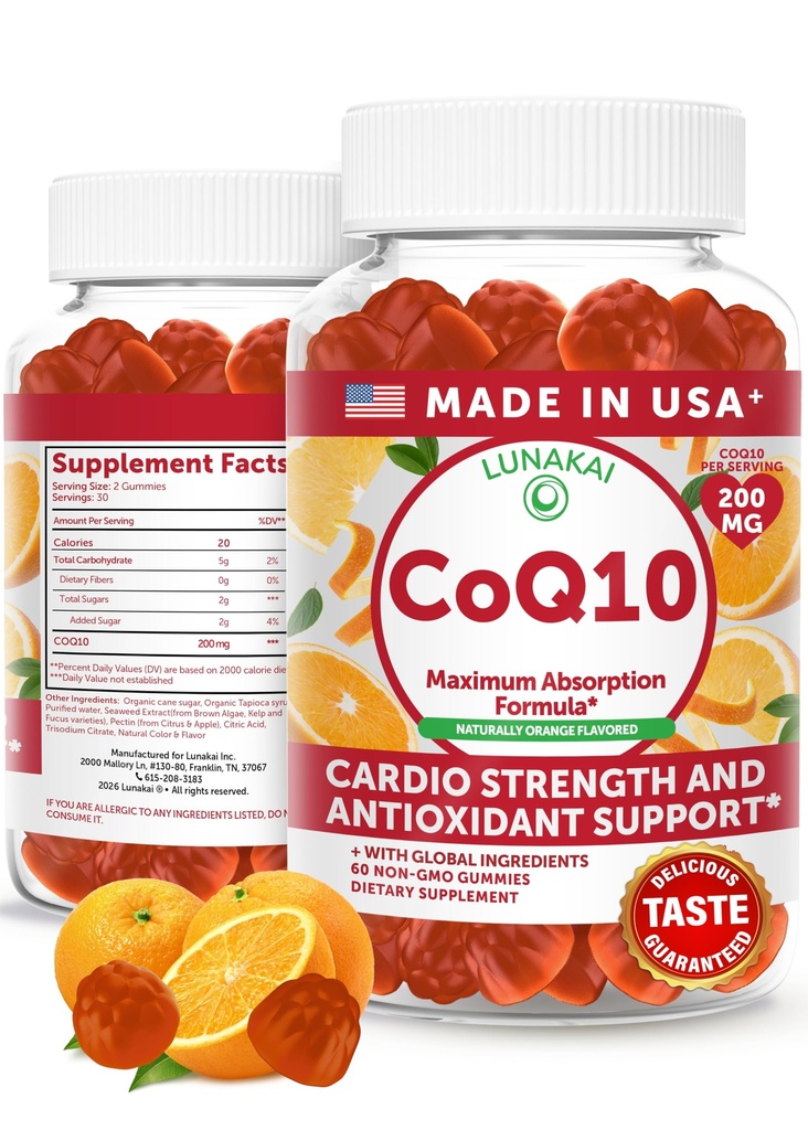 Lunakai USA Made CoQ10 Gummies for Adults – 200mg Υψηλής ισχύος συνένζυμο Q10 συμπλήρωμα για την καθημερινή καρδιά, ενέργεια & αντιοξειδωτικό υποστήριξη για γυναίκες & άνδρες, μη ΓΤΟ, 60ct