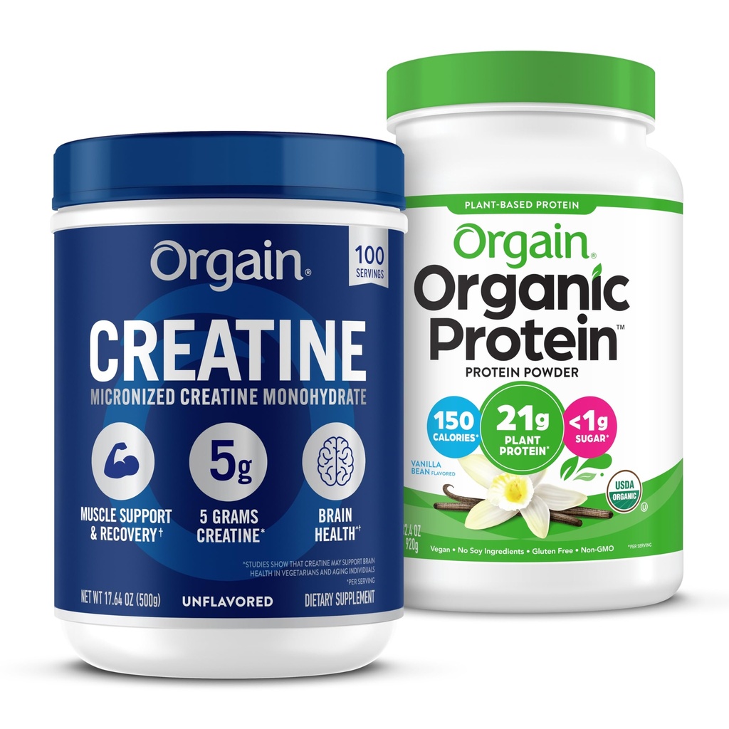 Orgain Creatine Monohydrate Powder 17.64 Oz (100 υπηρεσίες) & Organic Vegan Vanilla Bean Protein Powder 2.03 lb Bundle - Πρωτεΐνη με βάση τα φυτά και την υποστήριξη των μυών