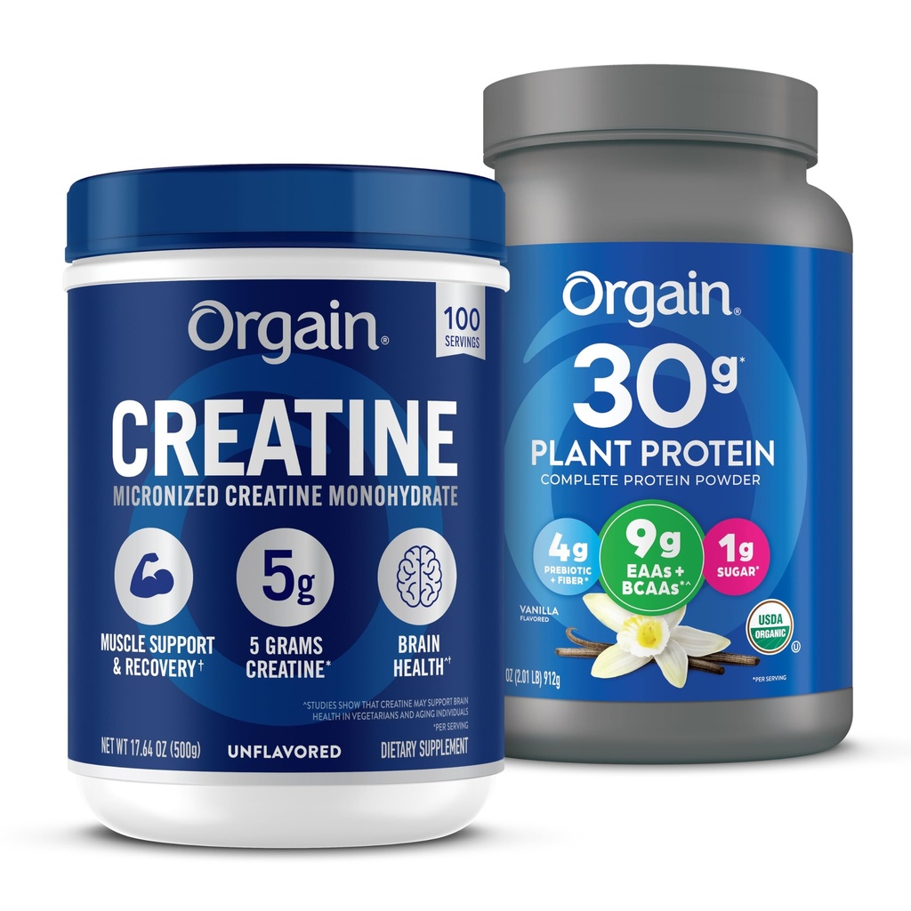 Orgain Creatine Monohydrate Powder 17.64 Oz (100 Servings) & Organic Vegan Protein Powder Vanilla 2.01lb Bundle - Muscle Growth & Recovery Support