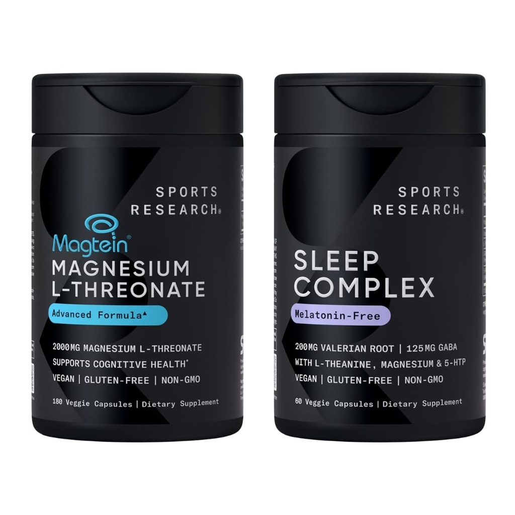 Sports Research® Sleep Pack - Magnesium L-Threonate Capsules 2000mg - High-Absorption Magtein for Enhanced Brain Health, Memory, Focus & Restful Sleep Support + Sleep Complex - Melatonin-Free