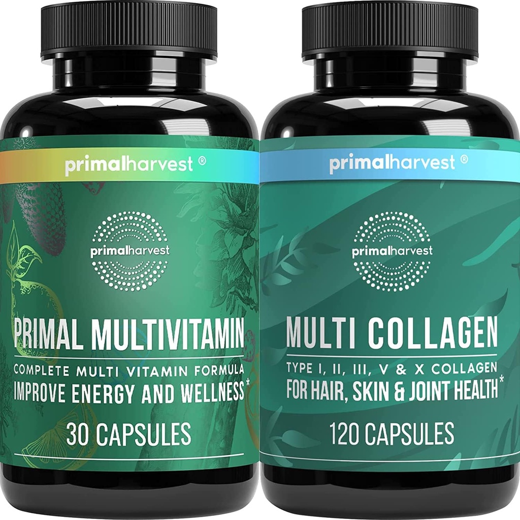 Primal Συγκομιδή Multivitamin & Collagen Συμπληρώματα για γυναίκες και άνδρες Multi Vitamin Capsles and Collagen Peptides Pills Bundle
