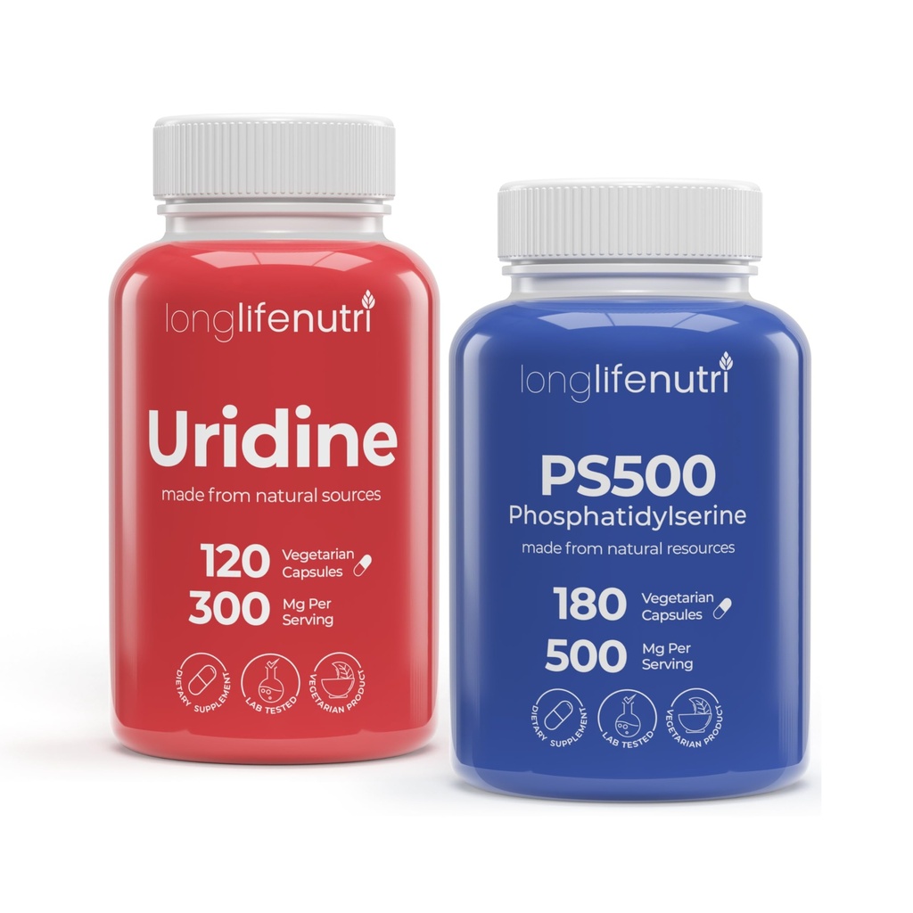 LongLifeNutri Uridine Monophosphate 300 mg & Phosphatidylserine 500 mg Bundle – 120 + 180 Veg Caps, 4 & 3 Month Supplies, Nucleotide & Phospholipid Support, Non-GMO, GMP Certified, Made in USA