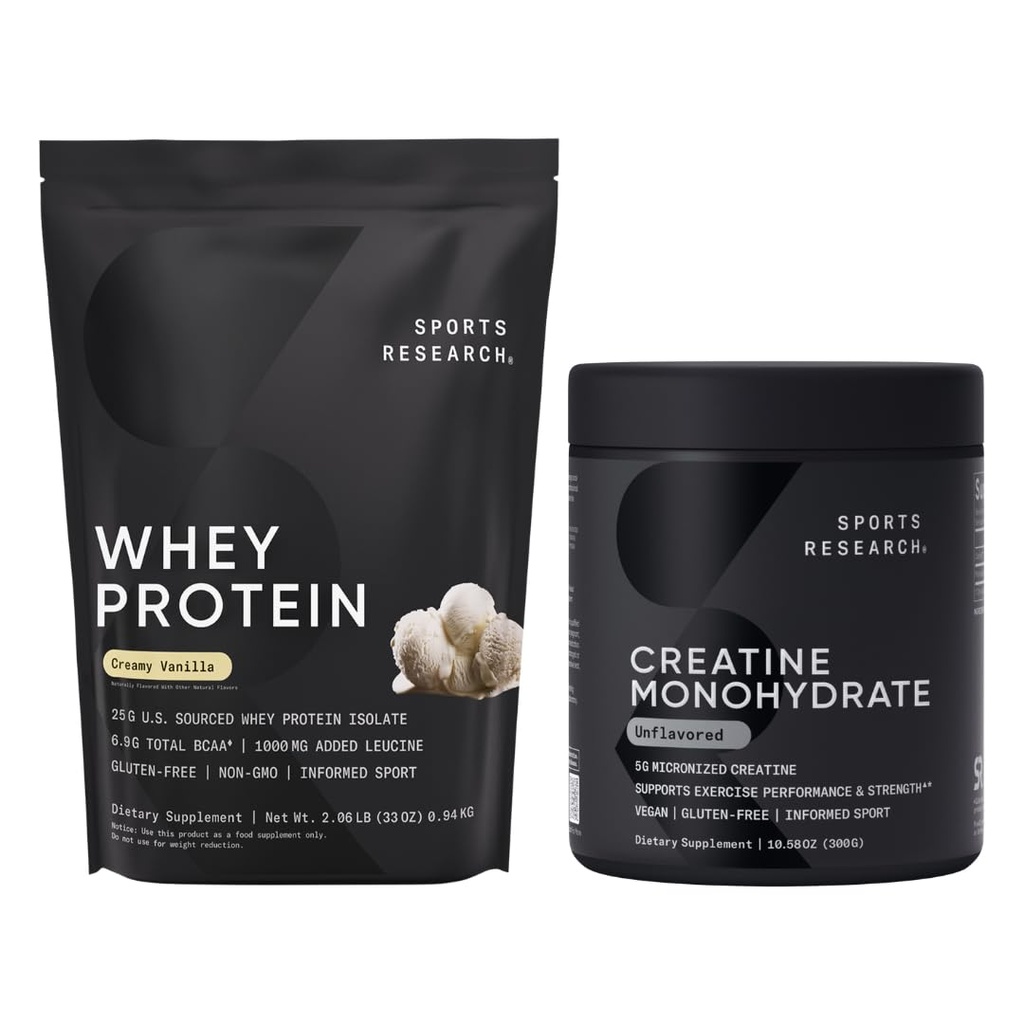 Sports Research Creatine Monohydrate (60 Servings) & Vanilla Whey Protein (26 Servings), The Dynamic Duo for Lean Muscle Building, Improved Performance, Strength & Workout Recovery - Sports Nutrition