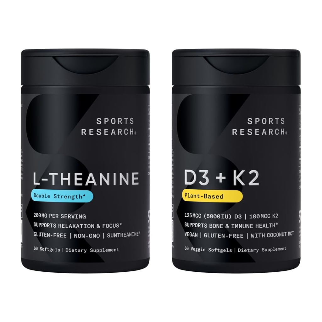 Sports Research® Sunshine's Touch Pack - Double Strength L-Theanine Supplement 200mg + Vegan D3 5000iu with Vitamin K2 100mg