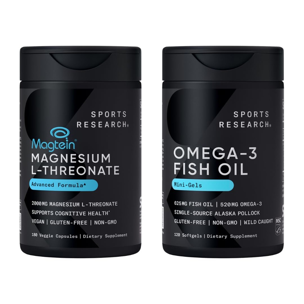 Sports Research Cognitive Health Large Pack with Fish Oil Mini-Softgels (Easy to Swallow) Omega-3 Fatty Acids from Wild Caught Alaska Pollock & Magtein Magnesium L-Threonate Supplement
