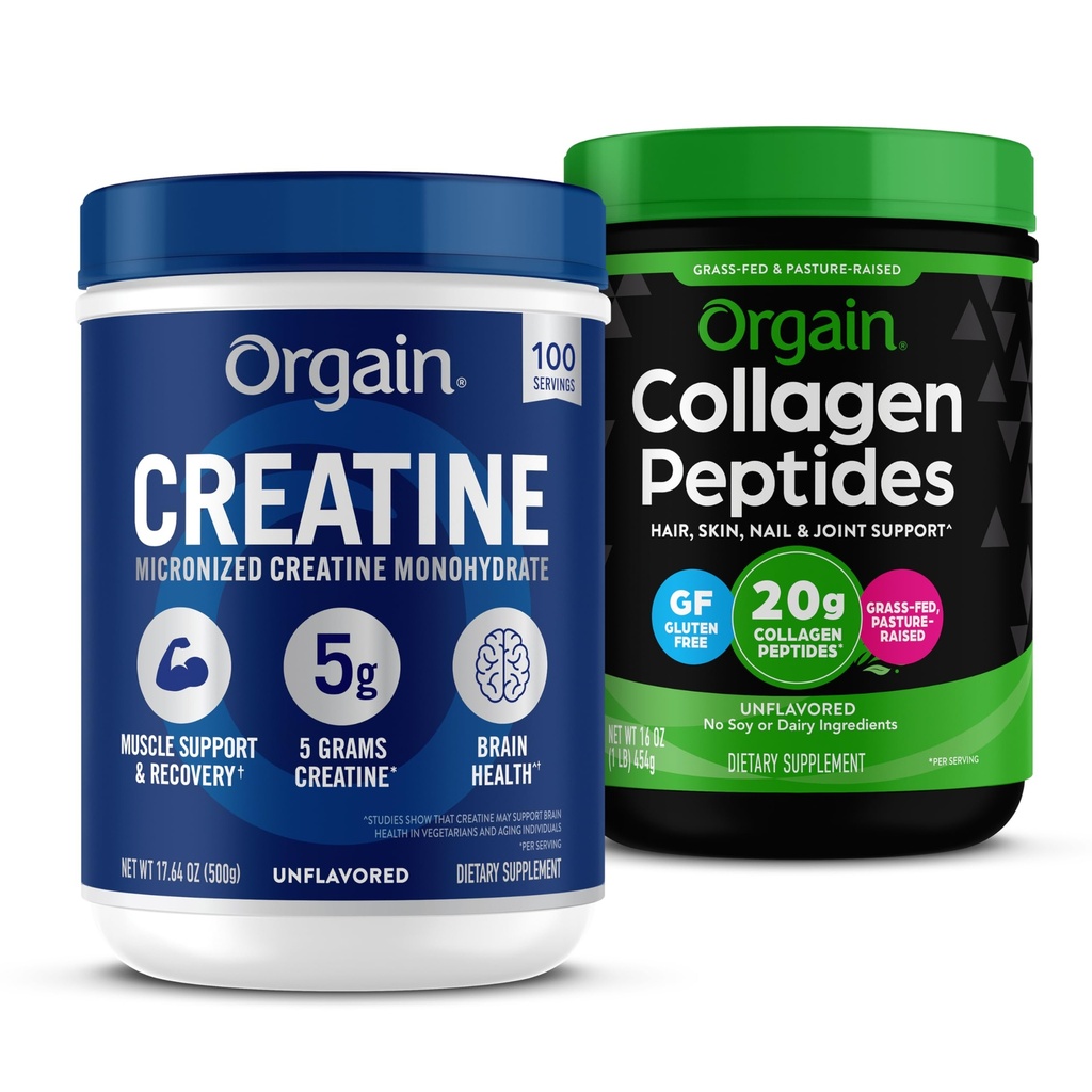 Orgain Creatine Monohydrate Powder 17.64 Oz (100 υπηρεσίες) & Collagen Peptides Powder 1lb (20g Grass Fed) Bundle - Άγευστη, μη ΓΤΟ συμπληρώματα για τους μυς, τον εγκέφαλο, το δέρμα και την κοινή υποστήριξη