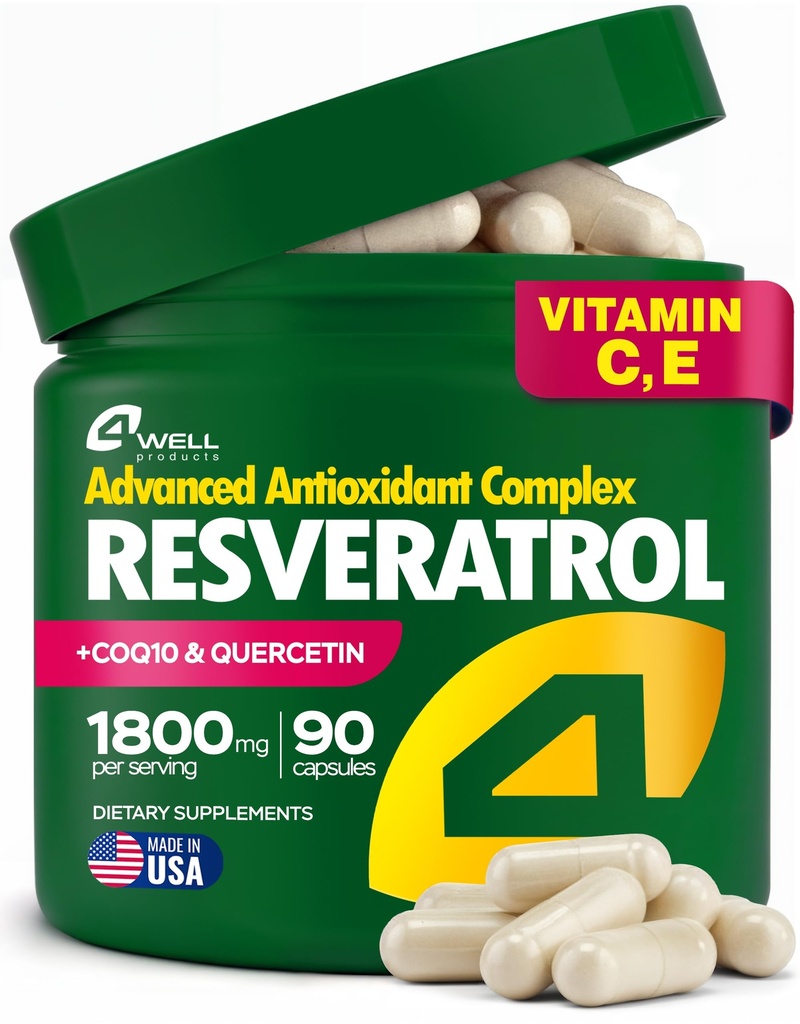 Resveratrol Supplement 1800mg Complex - COQ10, Quercetin, Vitamin E, Calcium Ascorbate - Powerful Antioxidant Formula for Enhanced Energy Heart Health & Healthy-Aging Support Trans Resveratrol 90 Caps