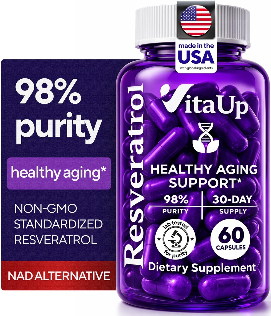 VitaUp Trans-Resveratrol Supplement – 98% Purity USA Made Resveratrol Capsules 600mg - Standardized to 98% Trans-Resveratrol – Antioxidant for Healthy Aging & Energy Support – 60 Caps