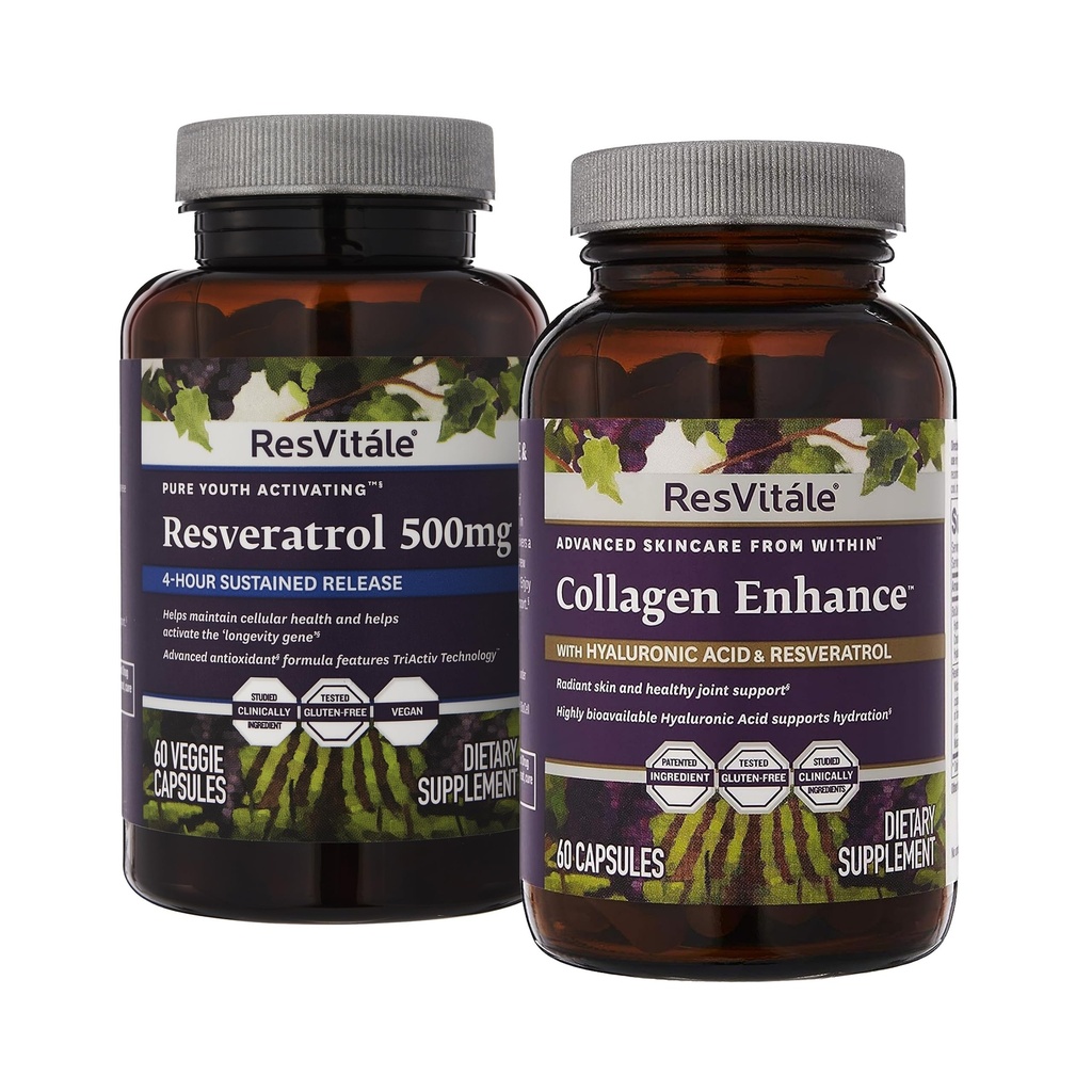 ResVitale Collagen Enhance - Beauty Supplement with Hyaluronic Acid & Resveratrol - 60 Capsules & Resveratrol 500 mg - Supplement for Men & Women - 60 Veggie Capsules