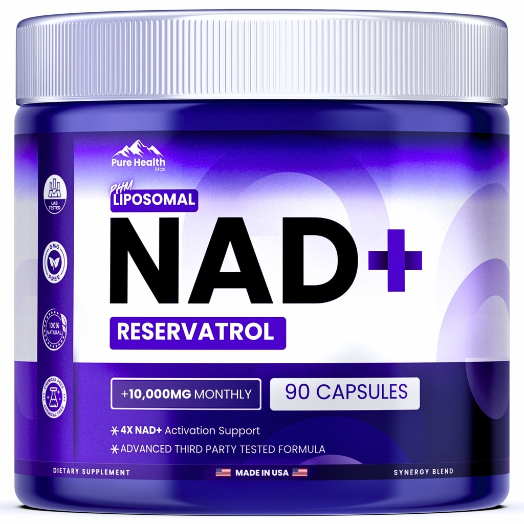 PURE HEALTH MAX PHM NAD Resveratrol Supplement - 10,000mg Extra Strength | NAD+ Liposomal Supplements for Men and Women | NMN & NMNH Alternative | 90 Capsules, 1.5 Months Supply