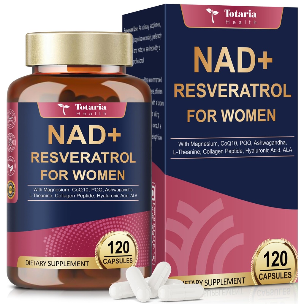 Totaria NAD+ Supplement for Women - NAD Trans-Resveratrol Supplement with Magnesium,CoQ10,PQQ, Ashwagandha,Collagen Peptide - NMN & NMNH Alternative - Cellular Renewal & Energy - 120 Capsules