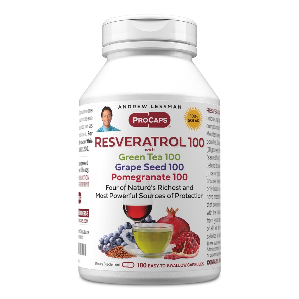ANDREW LESSMAN Resveratrol-100 with Green Tea 100 Grape Seed 100 Pomegranate 100mg - 180 Capsules - Four Powerful, Protective Anti-oxidants.