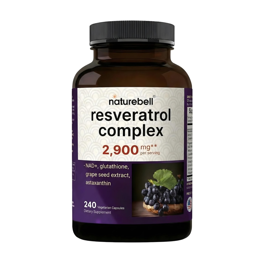 NatureBell Resveratrol Complex - 240 Vegetarian Capsules - Made with Resveratrol, NAD, Glutathione & More - Healthy Aging & Antioxidant Support - Heart, Brain & Immune Wellness*