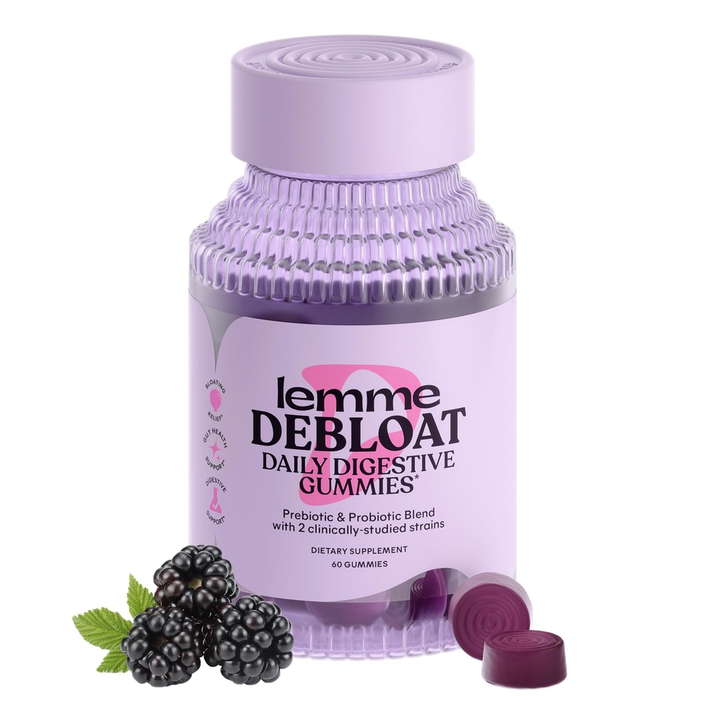 Lemme Debloat - Digestive & Gut Health Gummies with 2 Clinically Studied Probiotics & Prebiotic, Vegetarian, Gluten Free, Non GMO, BlackBerry Flavor (60 Count)