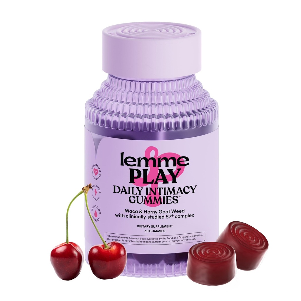 Lemme Play Daily Intimacy Gummies for Women and Men w/Clinically-Studied S7 Nitric Oxide Complex for Healthy Blood Flow, Maca Root, Goat Weed - Cherry Flavored (60 Count)