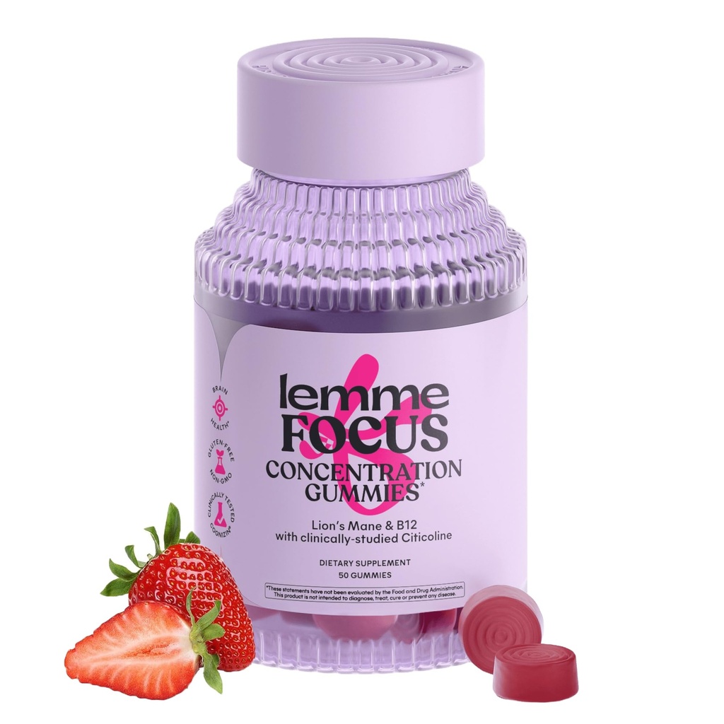 Lemme Focus Concentration & Brain Health Gummies with Cognizin Citicoline, Lion's Mane Mushroom, Vitamin B12 to Support Focus + Concentration - Gluten Free, Caffeine Free, Strawberry (50 Count)