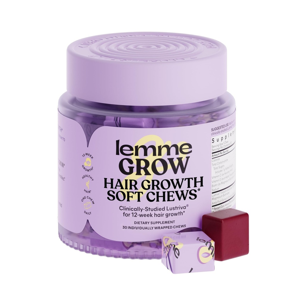 Lemme Grow Hair Growth Booster Soft Chews w/Vitamins for Women and Men with Clinically Studied Lustriva and Biotin, Promotes Thicker, Fuller, Stronger Hair, Mixed Berry, 30 Day Supply