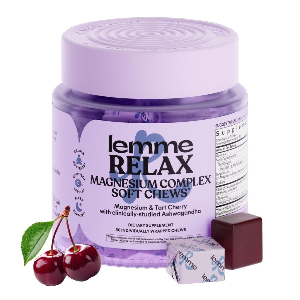 Lemme Relax Soft Chews with Magnesium Glycinate & Citrate, KSM-66 Ashwagandha + L-Theanine to Support Stress Relief, Cortisol Levels, Mood & Healthy Sleep Cycles, BlackBerry Lemonade (30 Chews)