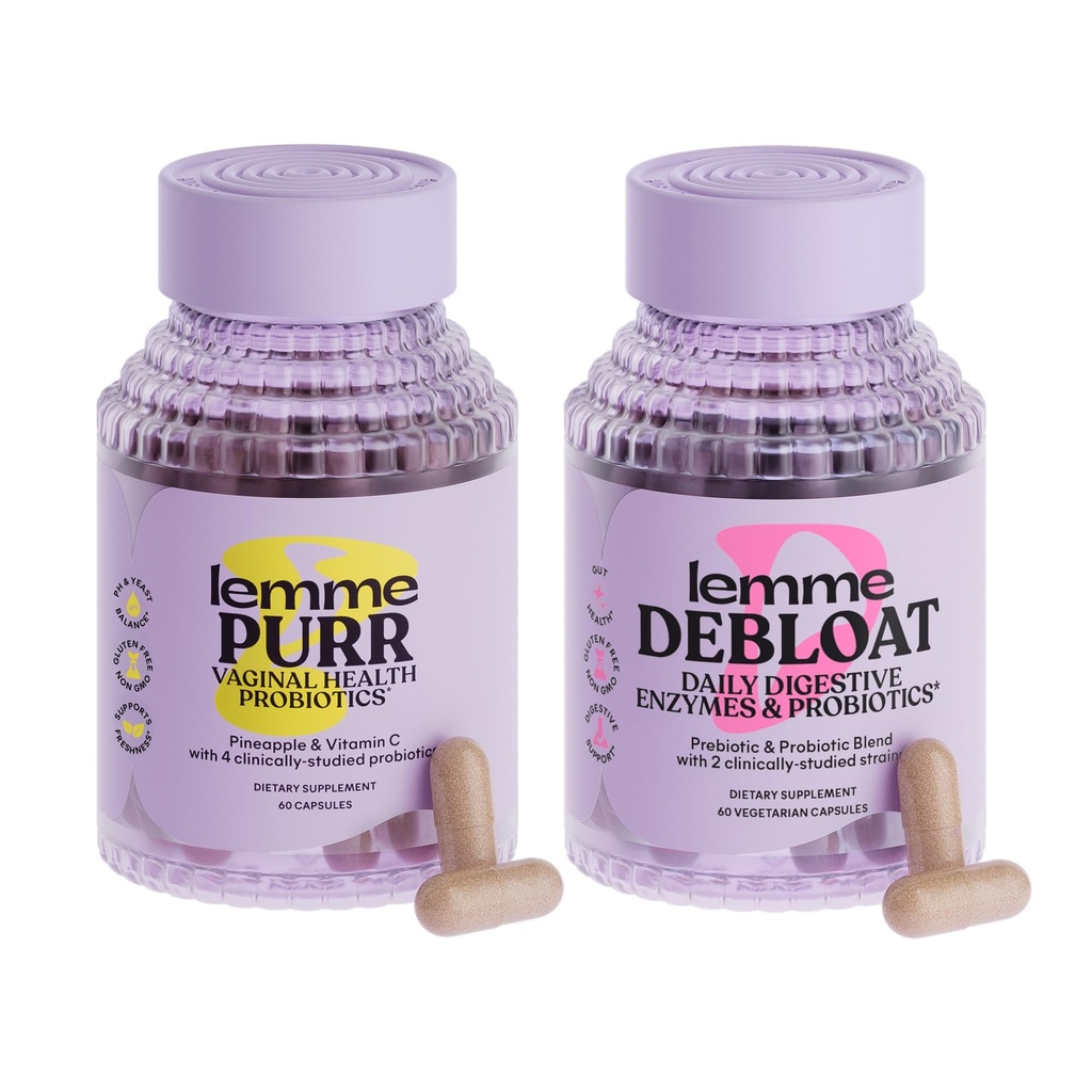 Lemme Purr & Debloat Capsule Bundle - Vaginal Health Supplement for Women, Debloat Capsules for Bloating & Gas Relief, Probiotics & Prebiotics - Gluten Free, Non-GMO - 60 Ct. Each