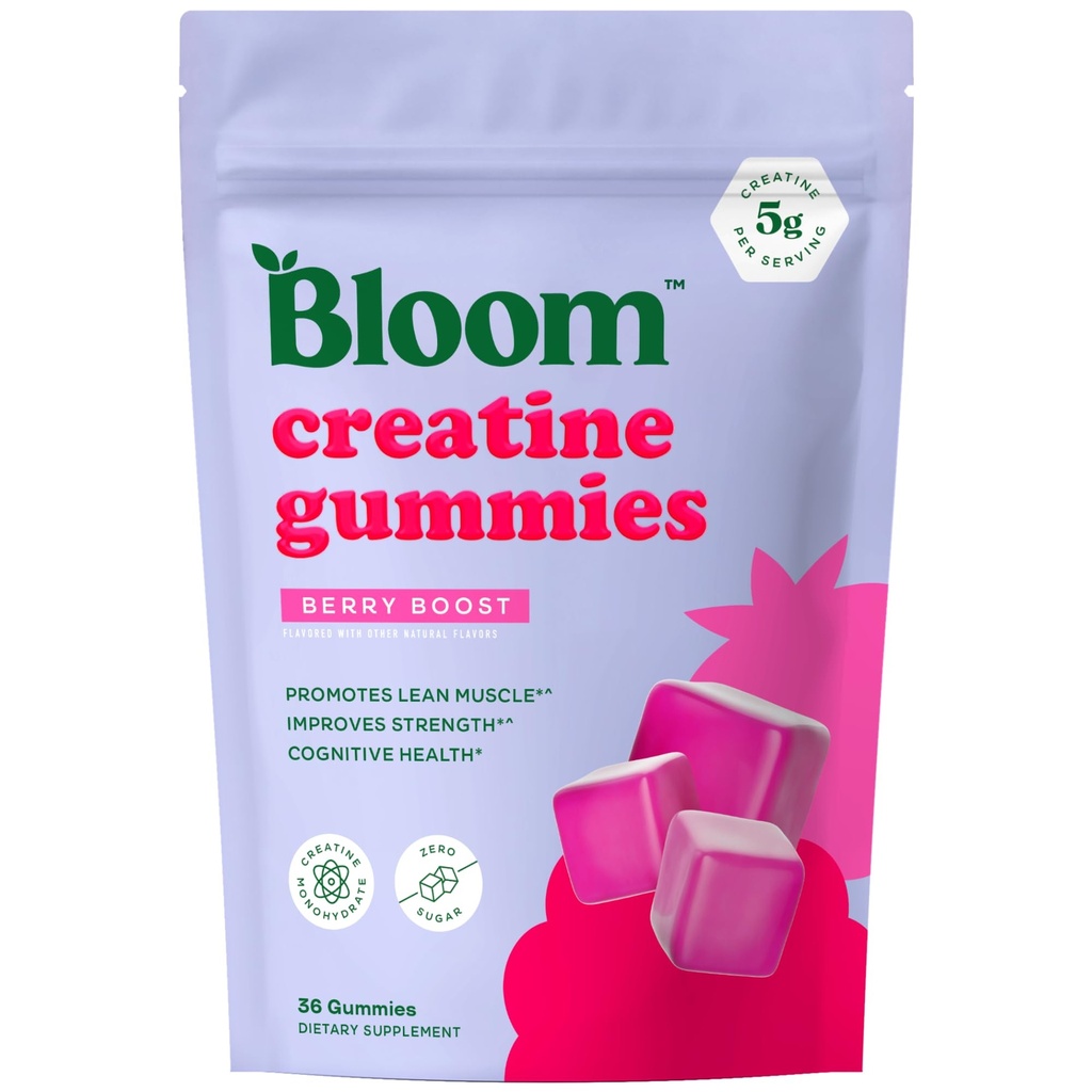 Bloom Creatine Monohydrate Gummies, 5g ανά υπηρεσία, χωρίς ζάχαρη Gummy Create για προπόνηση, δύναμη, Γνωστική Υγεία & Λεπτή υποστήριξη μυών, χωρίς γλουτένη και μη GMO, Berry Boost, 36 Gummies, 12 SVG