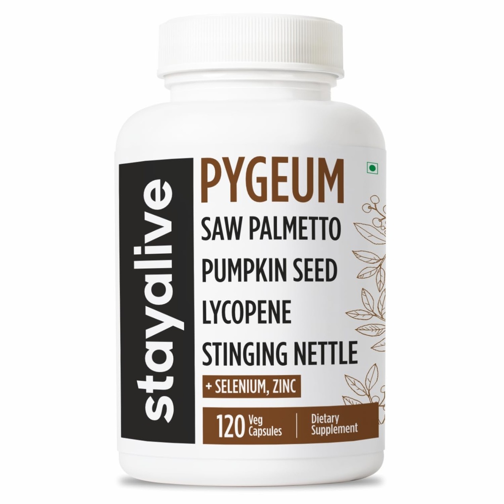 STAY ALIVE Pygeum Africanum Supplement, 7-in-1 Extract w/Saw Palmetto, Pumpkin Seed, Stinging Nettle and Lycopene, 120 Vegan Capsules, Non-GMO and Gluten-Free Pygeum Supplement for Men and Women