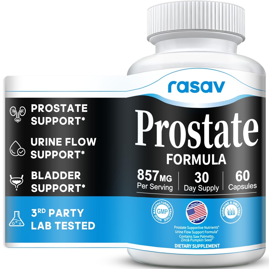 Rasav Prostate Health Supplement for Men with Saw Palmetto, Pygeum, Nettle & Pumpkin Seed, DHT Blocker - Helps Support Urinary Tract Health and Prostate Function, 60 Capsules