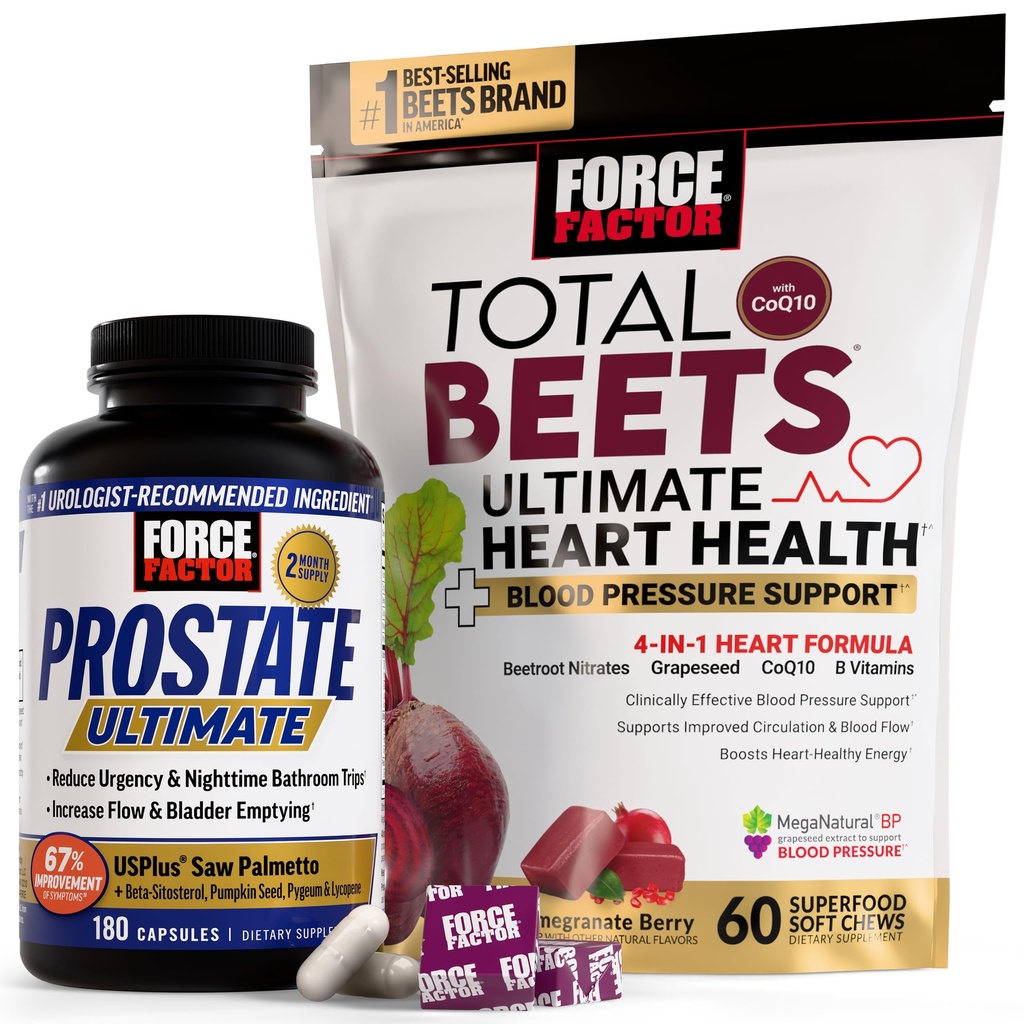 Force Factor Prostate Ultimate,180 Caps Total Beets Ultimate Heart Health Chews Pomegranate Berry, 60 Soft Chews