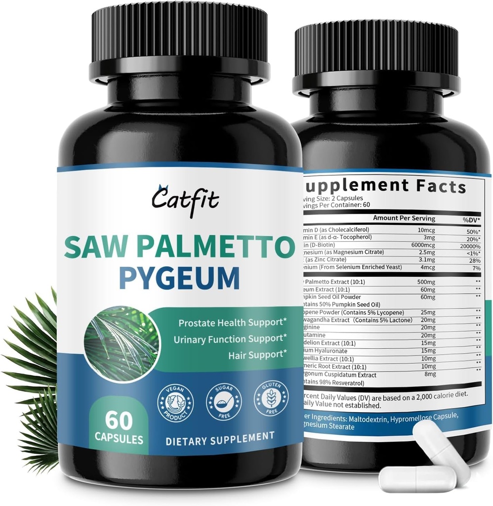 Catfit Saw Palmetto for Men - Prostate Health Supplements for Men DHT Blocker with Pumpkin Seed Oill, Pygeum - Urinary Health and Hair Support,60 Count