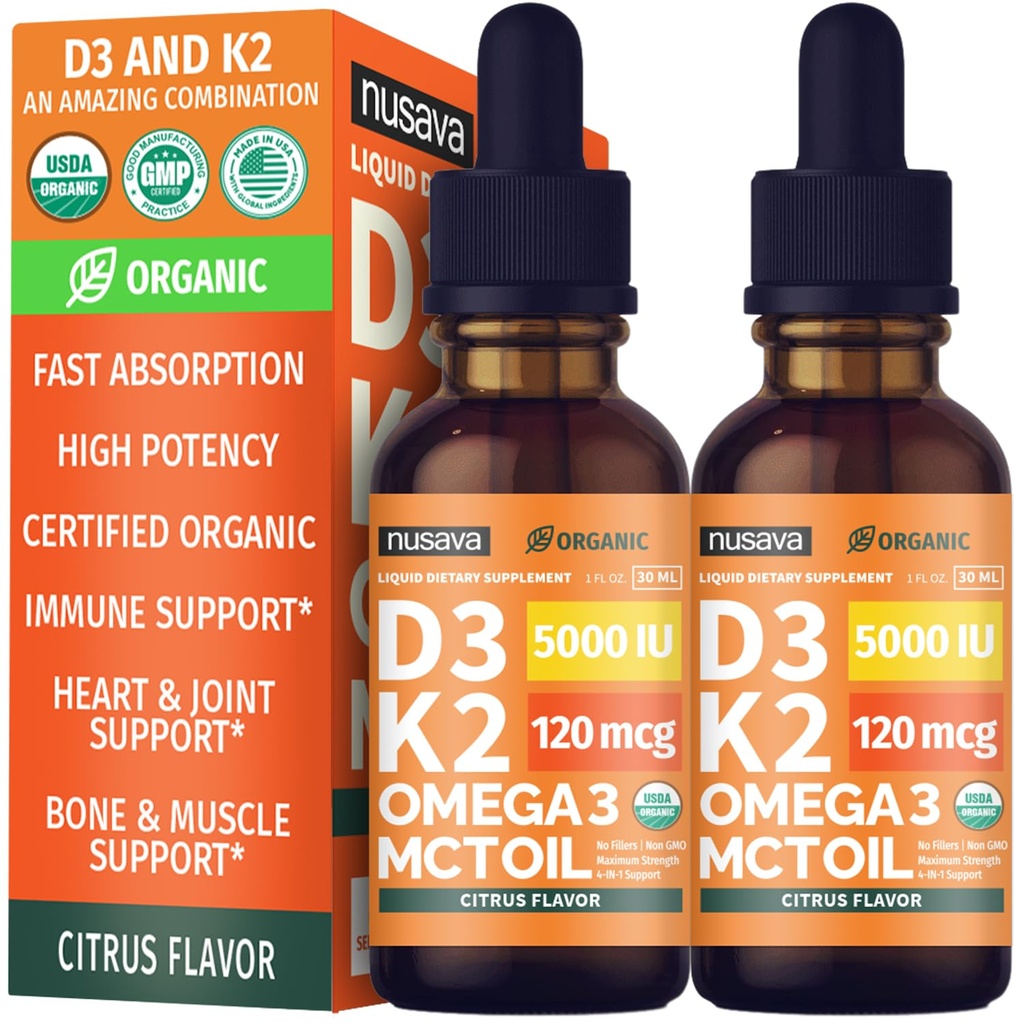 (2 Pack) Organic Vitamin D3 K2 Drops with MCT Oil Omega 3, 5000 IU, Maximum Strength Vitamin D Liquid, No Fillers, Non-GMO Liquid D3 for Faster Absorption, Immune Support (Citrus Flavor, 2 Fl Oz)