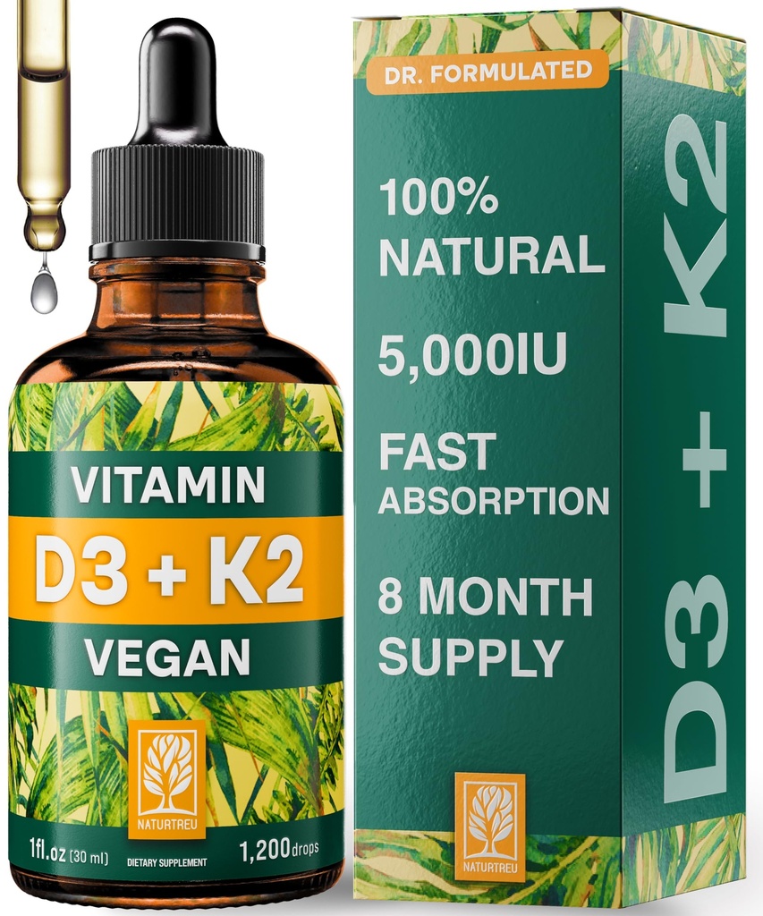 NATURTREU Vegan Vitamin D3 K2 Liquid Drops with MCT Oil for Adults (240 Servings) - Liquid Vitamin D K2 MK7 - All Natural, Non-GMO & Dr Formulated with 3X More Absorption - Third-Party Tested