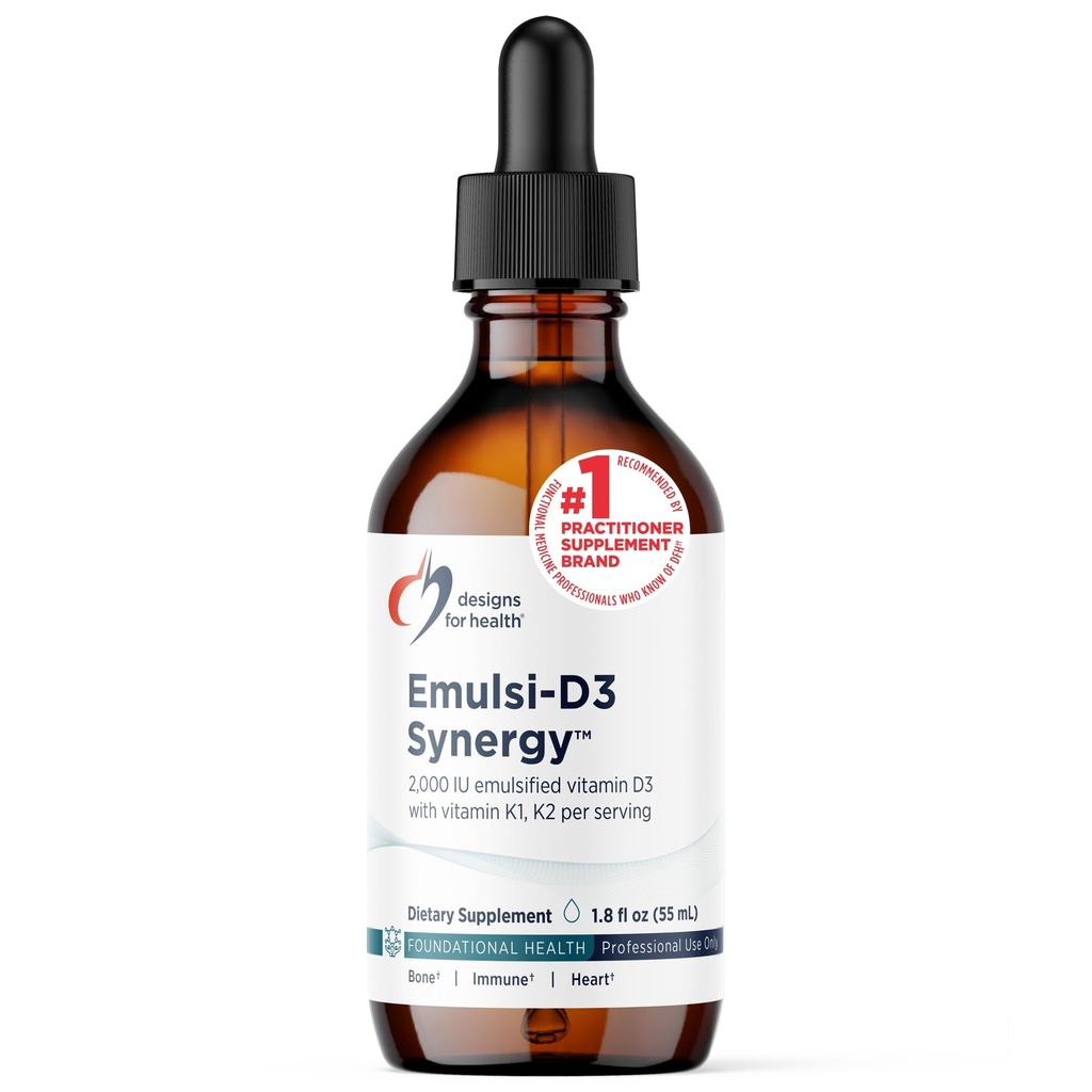 Designs for Health Emulsi-D3 Synergy 2000 IU Vitamin D Liquid with Vitamin K - Emulsified Liquid D3 K2 Drops for Immune System Support & Bone Health - Gluten-Free + Non-GMO (55 Servings / 1.8oz)