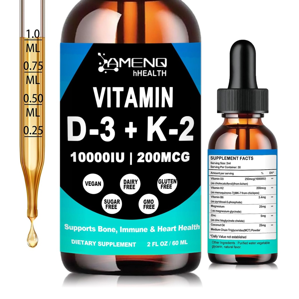 Vitamin D3 K2 Liquid Drops-D3 K2 Vitamin 10000 iu Supplement w/ Coconut Oil , Magnesium Zinc & B6 for Bone Immune & Heart Healthy, D3 and K2 Supplements Drops Faster Absorb Than K2 D3 Vitamin Gummies