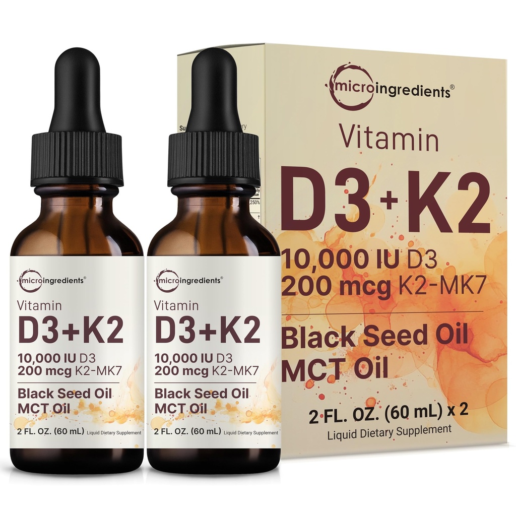 Micro Ingredients 2 Pack Vitamin D3 10000 iu + K2 (MK-7) 200 mcg Drops, 4 fl oz | Plus Black Seed & MCT Oil | 4-in-1 Bone, Immune, & Heart Health Support | Easy Absorption