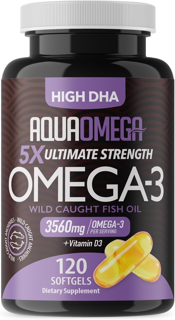 5X Ultimate Strength Omega 3 Fish Oil Συμπληρώματα με EPA και DHA Ωμέγα-3 Λιπαρά Οξέα και Βιταμίνη D, Burpless Fish Oil Omega3 με High DHA Συμπληρώματα, Άγευστα Omega3 Συμπλήρωμα, 120 Softgels