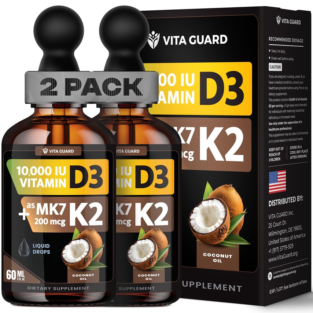 Vita Guard (2 Pack) Vitamin D3 K2 Liquid Drops 10,000 IU + 200 mcg MK-7 – High Absorption, Sugar-Free, Non-GMO, Bone & Immune Booster, Vegan Supplement with Coconut Oil – 60 ml (2 oz)