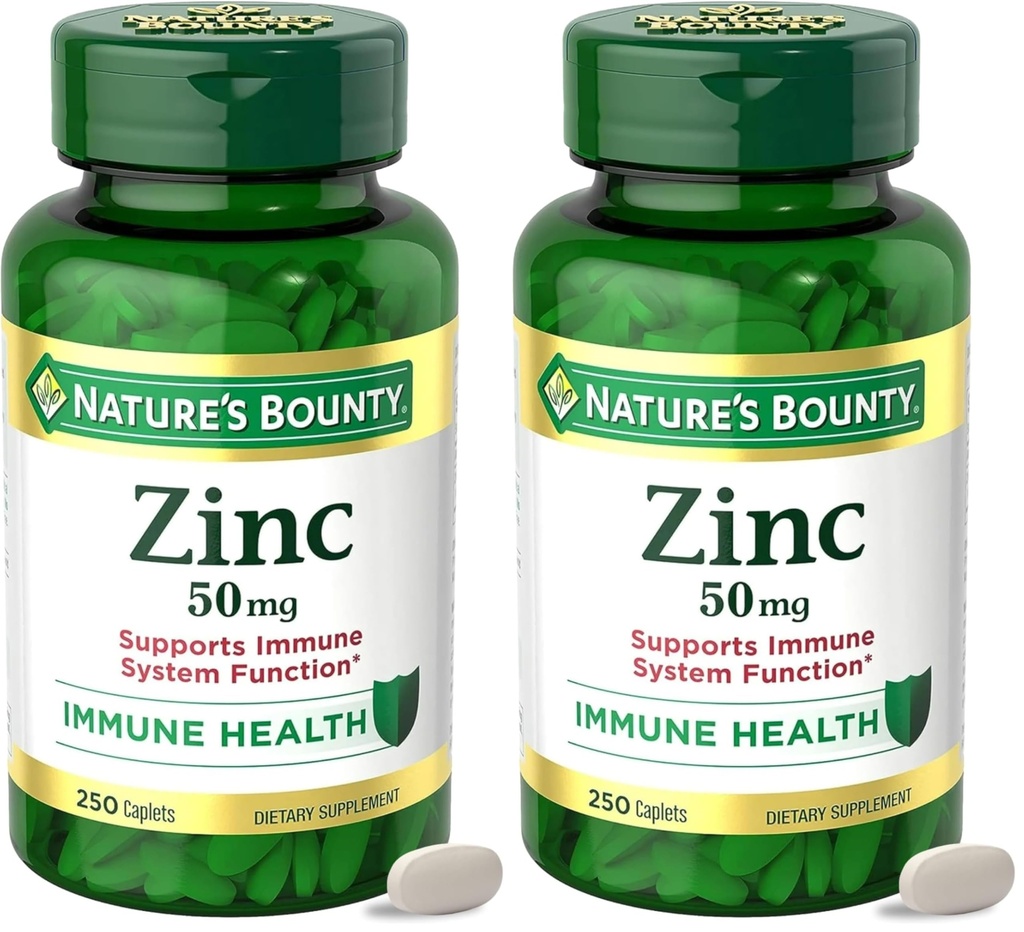 Nature’s Bounty Zinc 50mg,Immune Support & Antioxidant Supplement,Promotes Skin Health,1 Caplet Per Day,Gluten Free,250 Vegetarian Caplets,(Pack of 2)