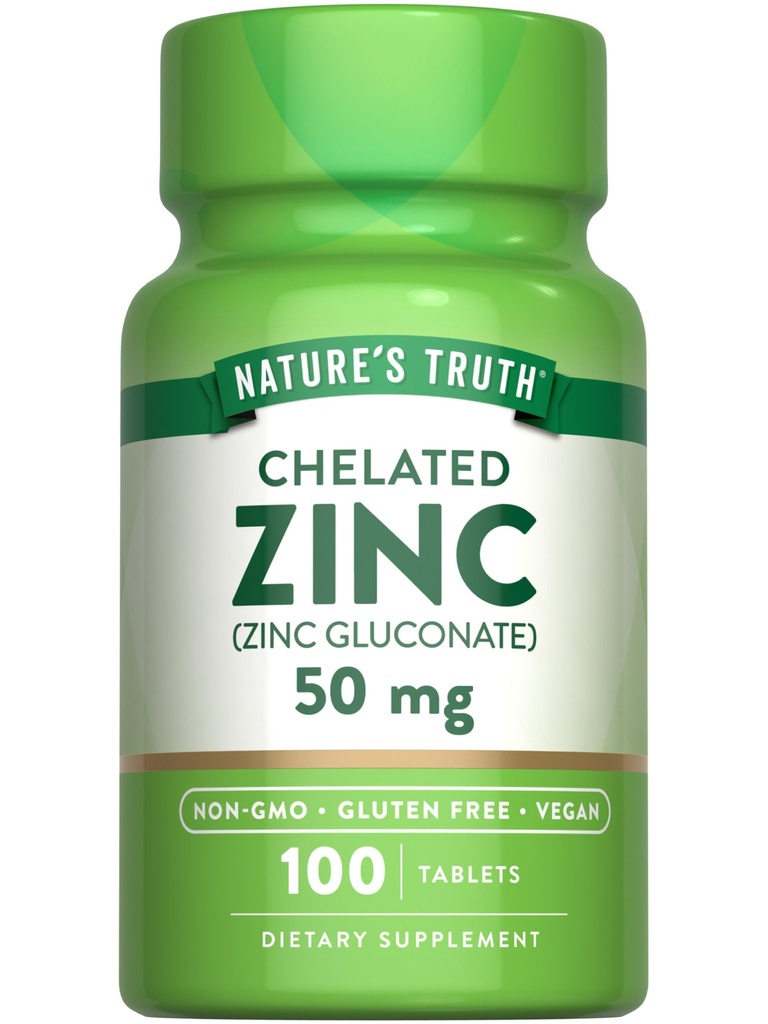 Nature's Truth Chelated Zinc 50mg | 100 Tablets | Essential Mineral Supplement | from Zinc Gluconate | Vegan, Non-GMO & Gluten Free