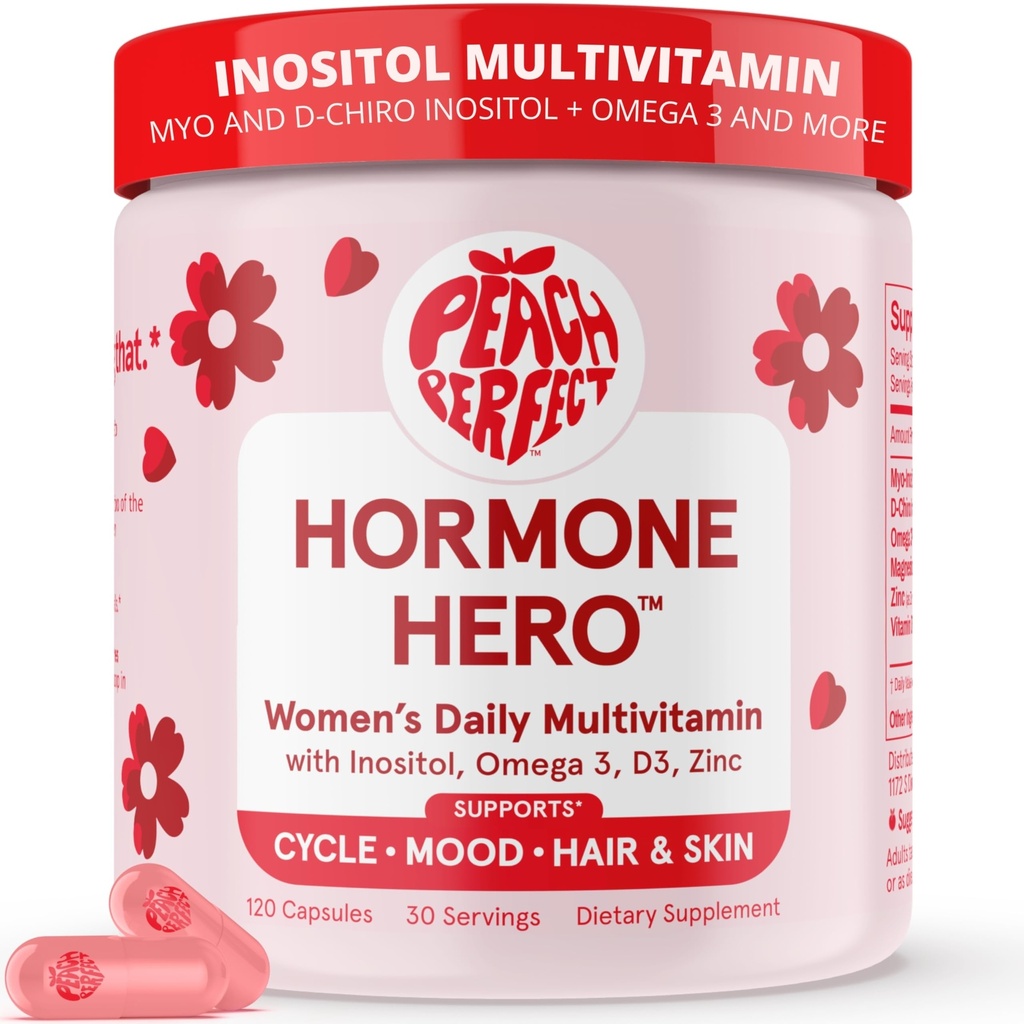 Peach Perfect Inositol Multivitamin – Myo-Inositol & D-Chiro 40:1 Blend, Omega-3, Vitamin D3, Magnesium, Zinc – Supports Women’s Health, Mood, Energy, Supplement – 30 SVG