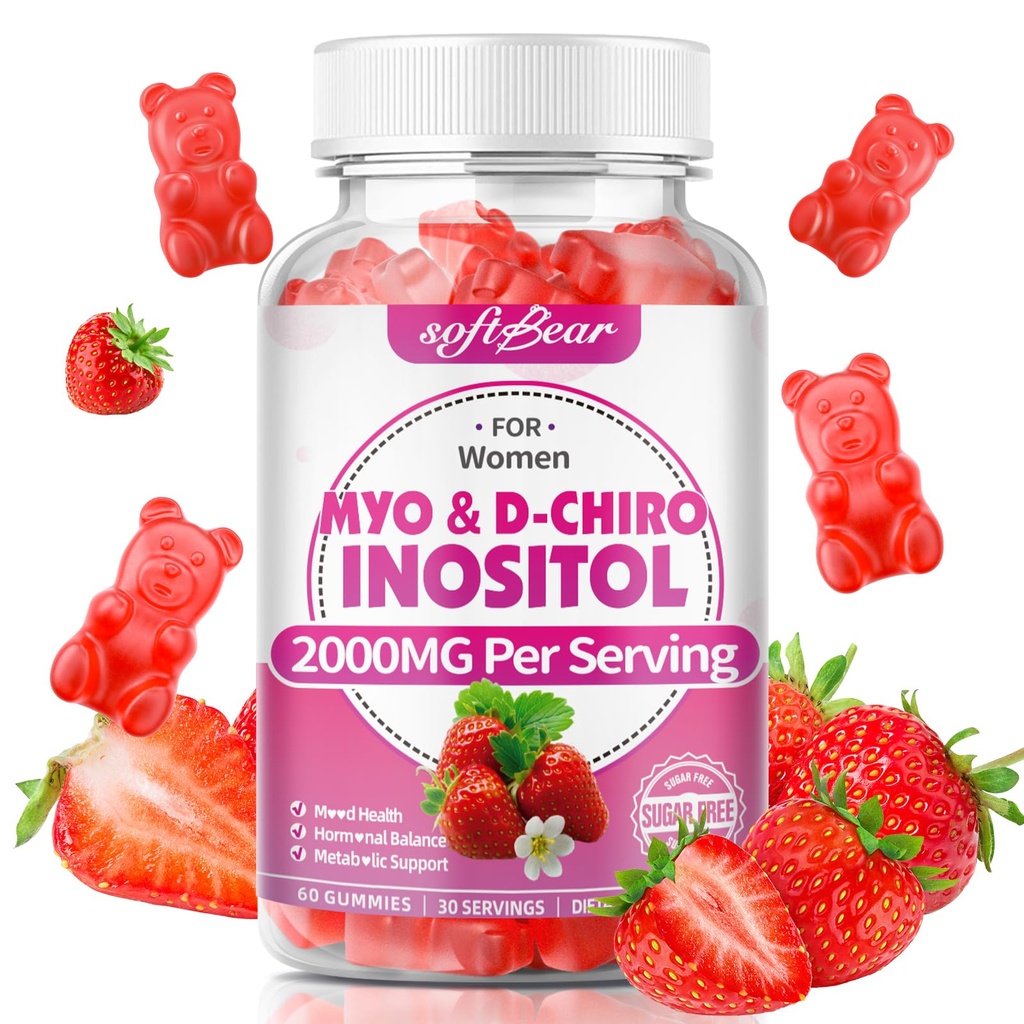softbear Inositol Supplement for Women, Myo-Inositol & D-Chiro Inositol Gummies Ideal 40:1 Ratio for Female Health & Wellness, Sugar-Free/Veagn/GMO-Free, Strawberry Flavor, 60 Count